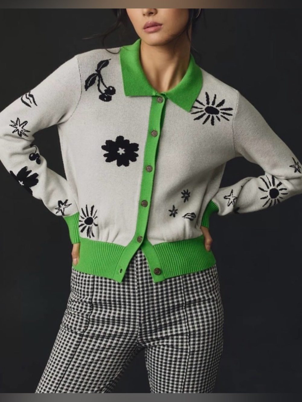 Maeve Anthropologie Floral Intarsia Cardigan Green Trim Size Medium